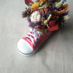 Dried flower arrangement, modern rustic decor, arrangement in decorative shoe pot, table decor,natural home decor, boys room decor