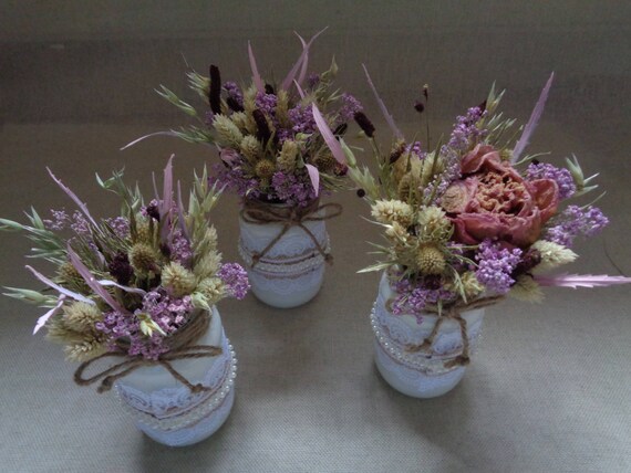 Trio Shabby Chic 3 Petits Pots De Fleurs Séchées Pour La