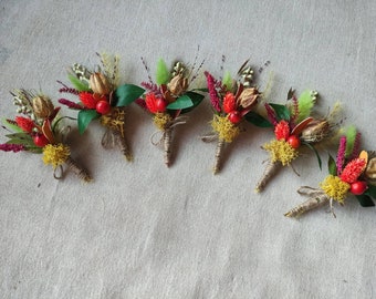 Rustic dried flower autumn color wedding boutonnieres , handmade pins , set-6 groom buttonhole father decor wedding pins