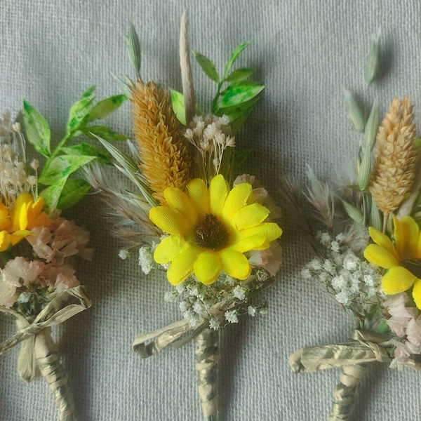 Spring/summer dried flower boutonnieres set -6 groomsman wedding groom pins wedding green yellow and natural colour rustic woodland decor