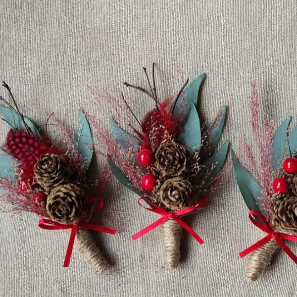 SALE - Woodland winter  with pine cone , feather boutonniere red wedding groom buttonhole wedding pin rustic wedding fathers lapel set - 3