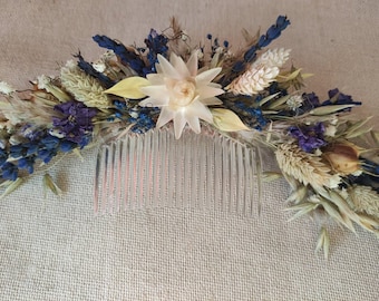 Spring/summer white blue handmade hairpiece with dried flower hair comb bridal accessories boho style flower comb bridal party hairpiece