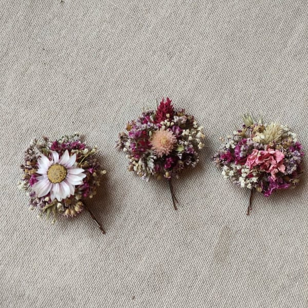 Pink/mauve summer romantic color bridal/bridesmaids hair clips set of 3 dried flower bobby pin handmade flower hair accessories