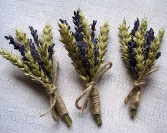 Dried lavander boutonnieres set - 6   ,wedding boutonniers ,rustic wedding decor ,vintage country ,woodland boutonniere