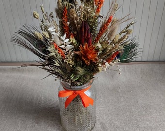 Rustic dried flower bouquet with  rust/orange protea and peacok feathers country home/table decor