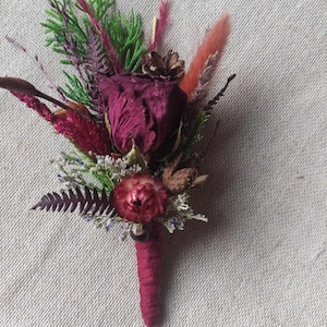 Rustic dried flower boutonniere red rose and lavander buttonhole burgundy boutonniere grooms wedding decor engagement party pin