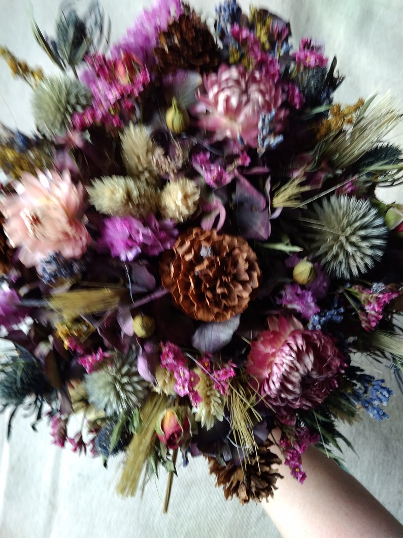 bridal bouquet with dark mauve magenta Woodland wedding country bouquet rustic dried flowers bouquet farm out door wedding bouquet