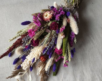 Spring/summer purple/burgundy natural rustic dried flower wedding large bouquet home/table decor