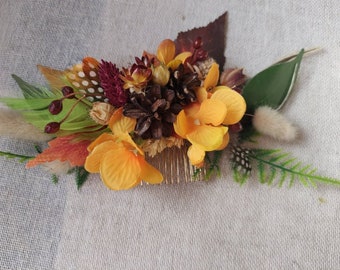 Dried flowers orange brown green hair comb decor with feathers , head piece autumn winter romantic woodland wedding bridal hair decor