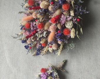 Rustic bouquet with purple/pink another earth color from dried  flower for your bouquet wedding day with matching boutonniere wedding decor