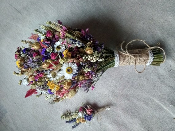 bridal bouquet with dark mauve magenta Woodland wedding country bouquet rustic dried flowers bouquet farm out door wedding bouquet