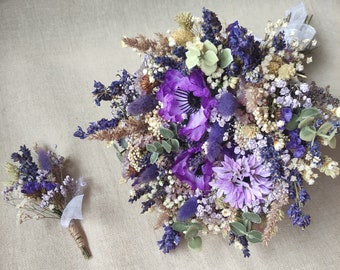 Blue/white lilac dried and artificial flower bouquet with matching boutonniere wedding flowers,home decor , vase/jar decor , table decor