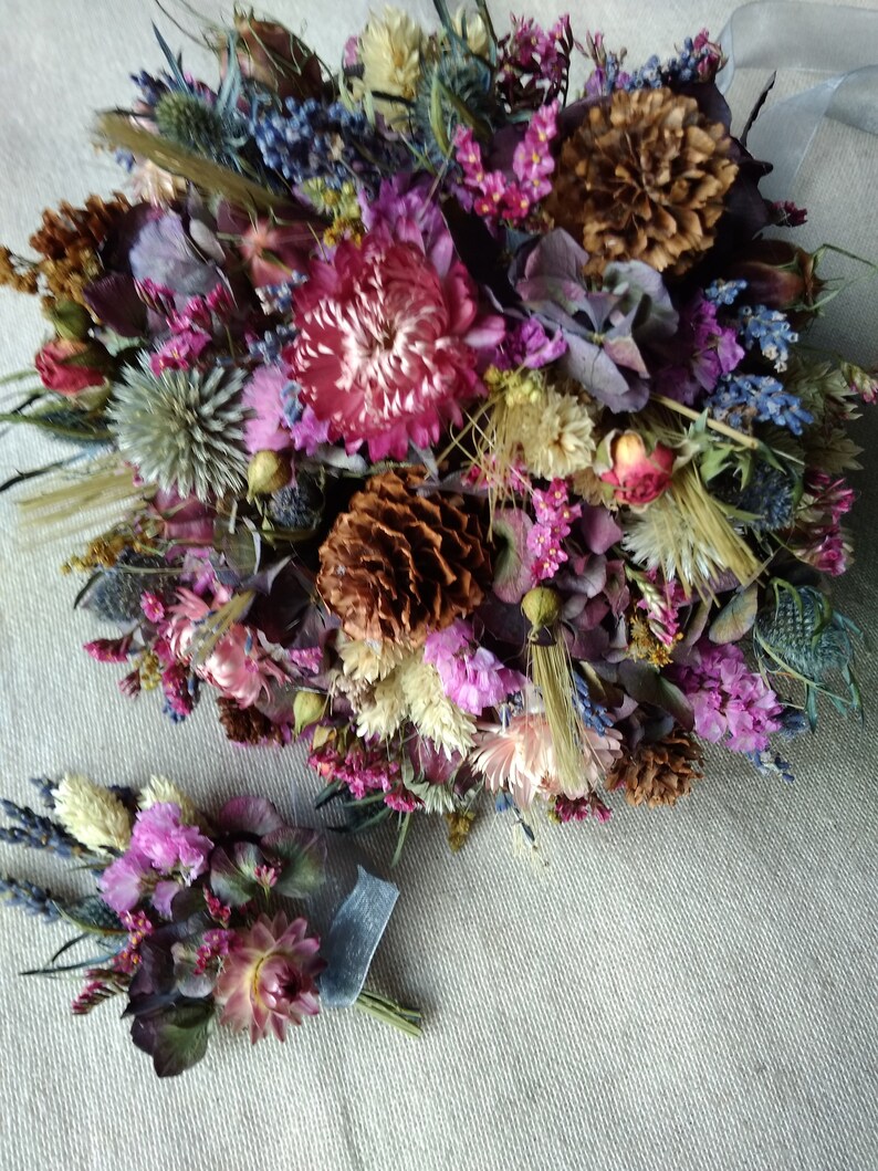 bridal bouquet with dark mauve magenta Woodland wedding country bouquet rustic dried flowers bouquet farm out door wedding bouquet