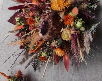 Rustic large fall bouquet with dried and artificial leave  bouquet with matching boutonniere home decor