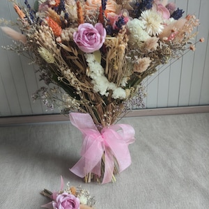 Elegant Dried Flower Bouquet | Rustic Wedding Bouquet & Boutonniere | Lavender, Pink, and Peach Tones Beautiful gift or home decor