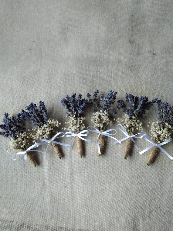 Rustic Dried Lavender And Gip Boutonnieres Set 6 Wedding Etsy
