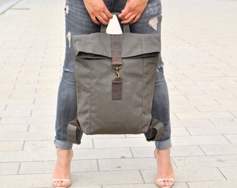 Gray canvas Backpack with leather waterproof