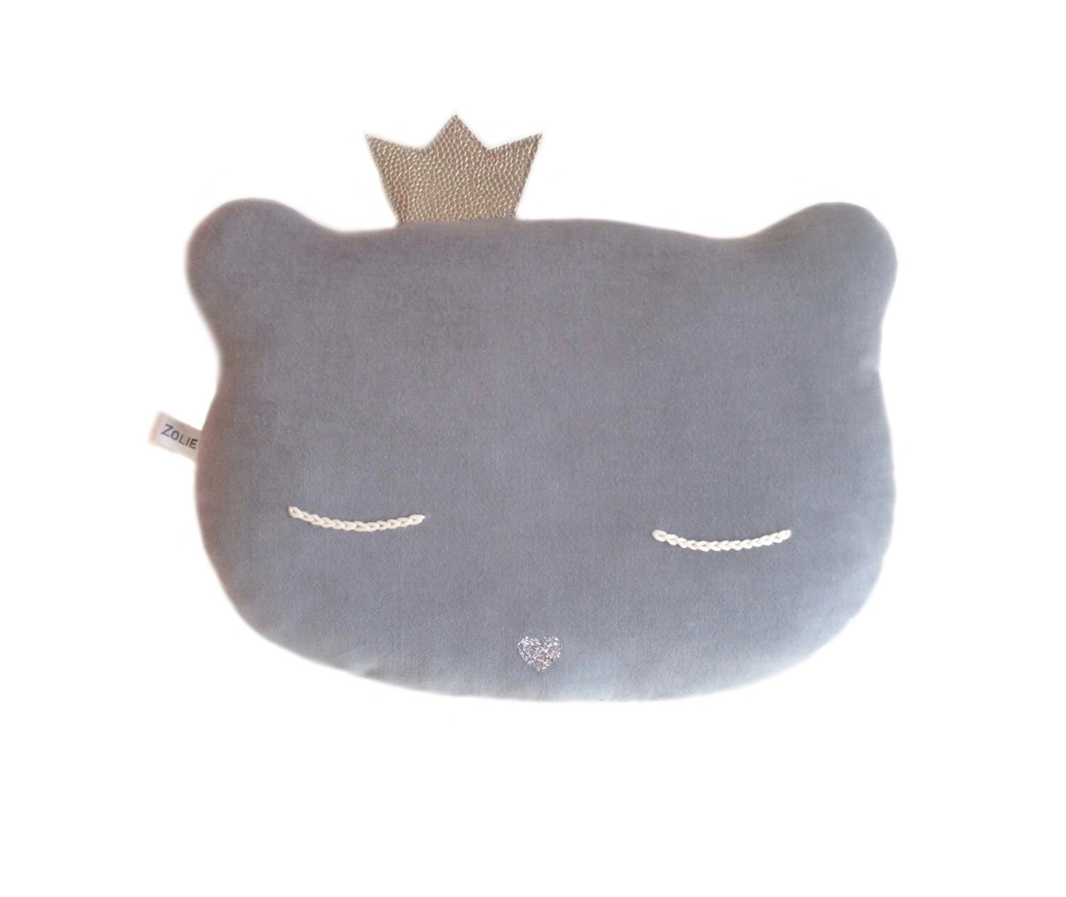 Coussin Chat en Velours Ras de Couleur Grise, Yeux Brodés Coton Ivoire et Nez Pailleté Argent