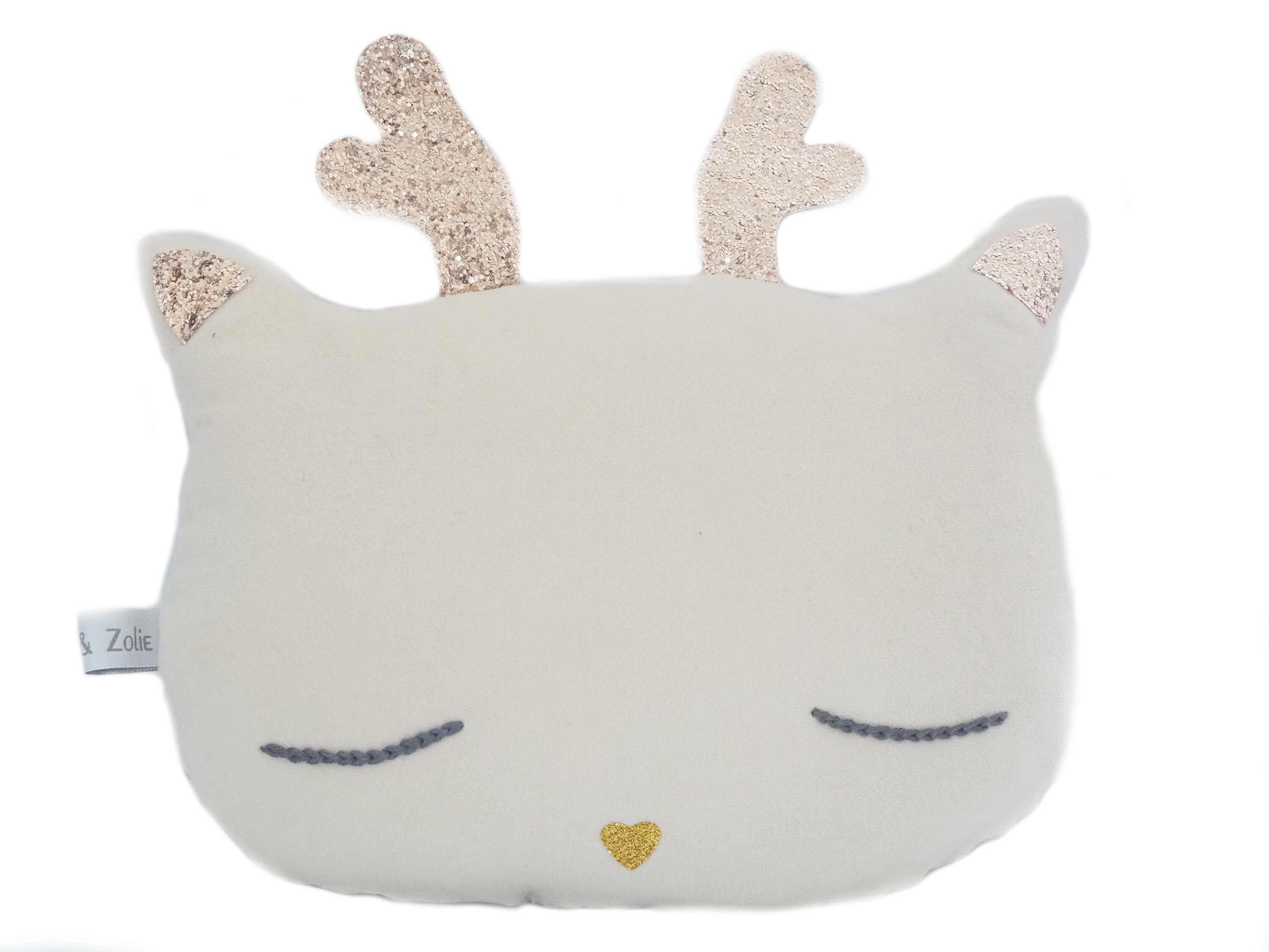 Comète, Berceuse Coussin Renne en Velours Ras de Couleur Ivoire.