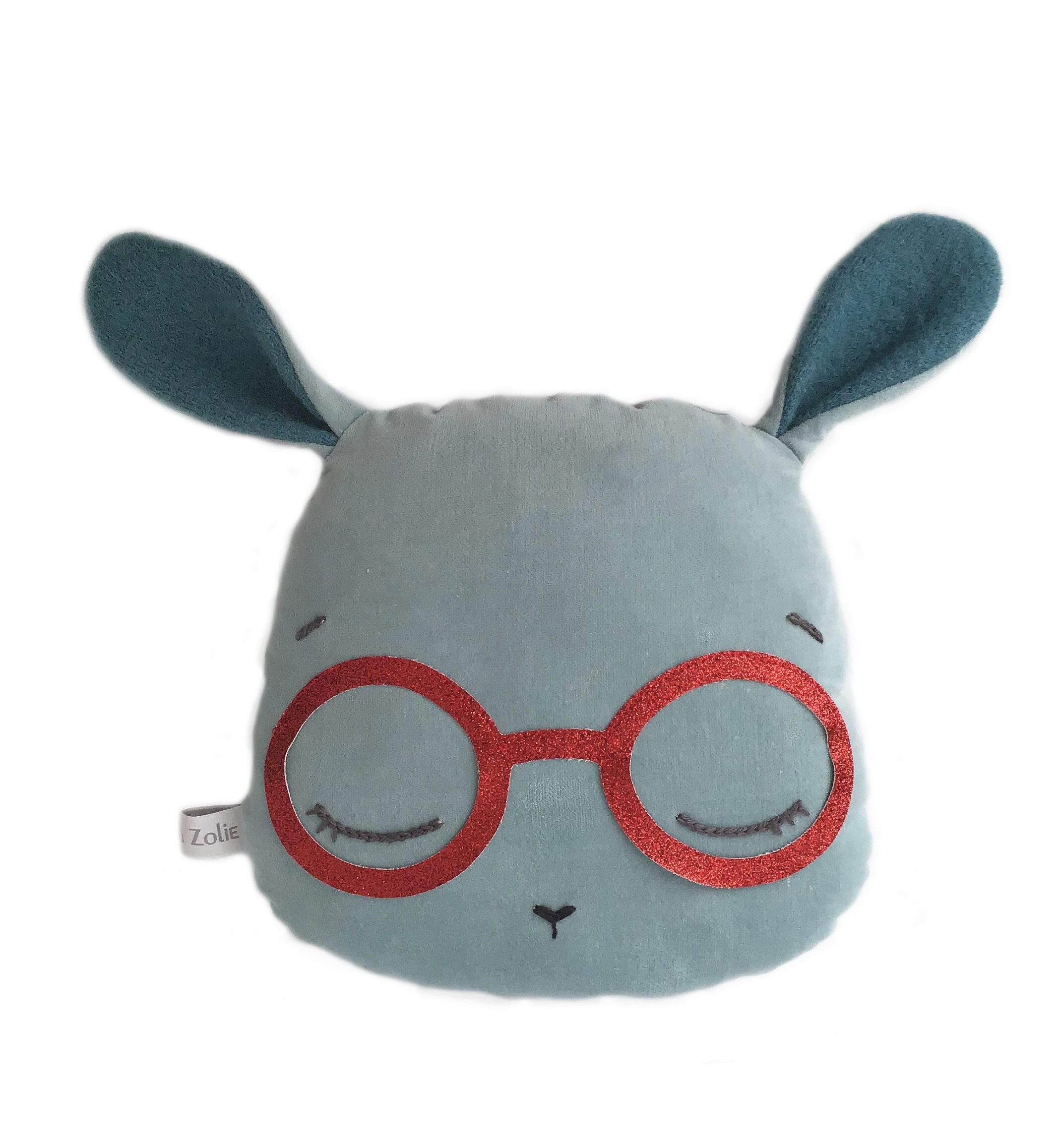 Coussin Enfant. Lapin Mint à Lunettes. Velours et Broderie. Coussin Caro & Zolie