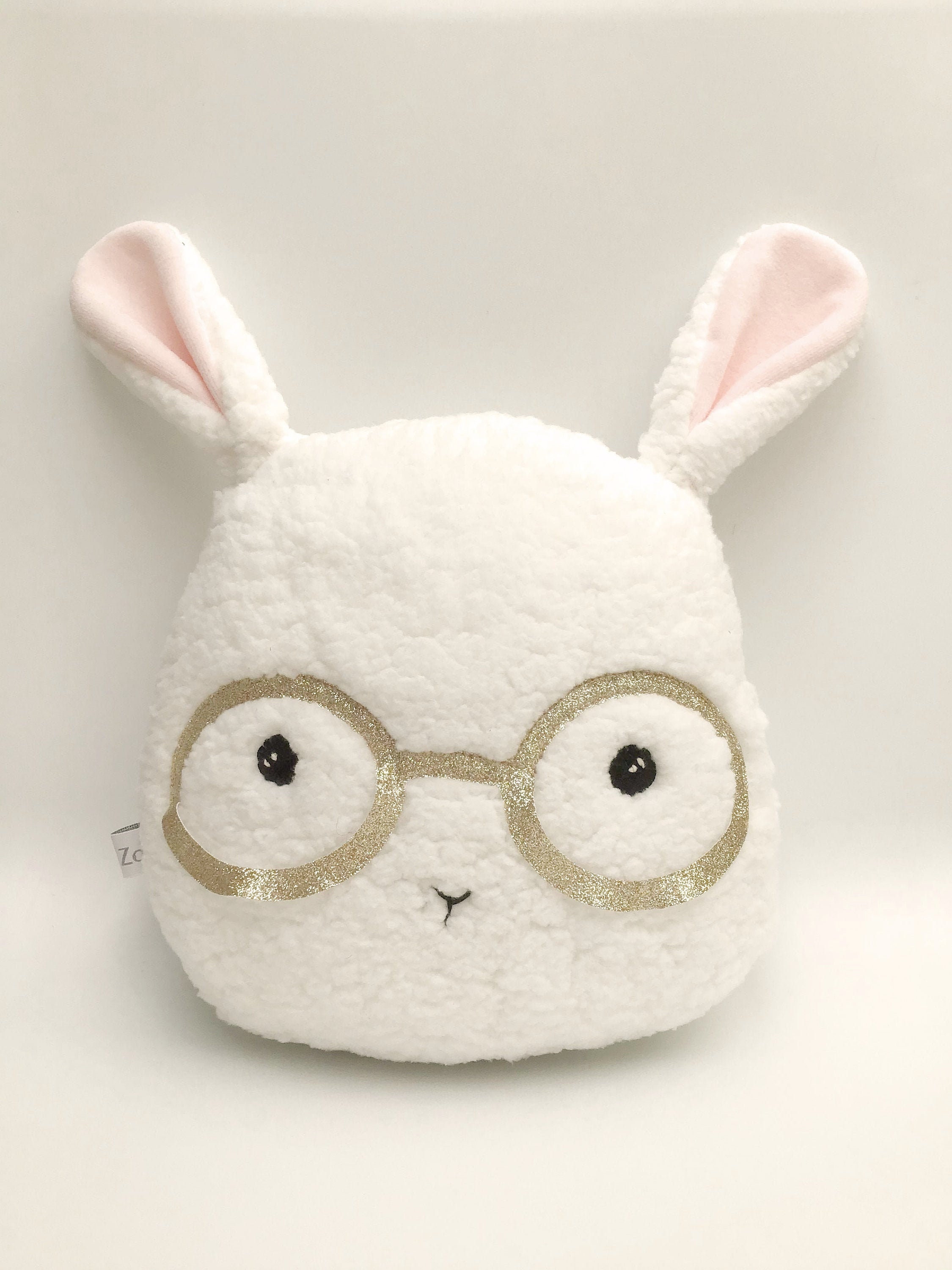 Coussin Enfant. Lapin Blanc à Lunettes Dorées. Coussin Caro & Zolie