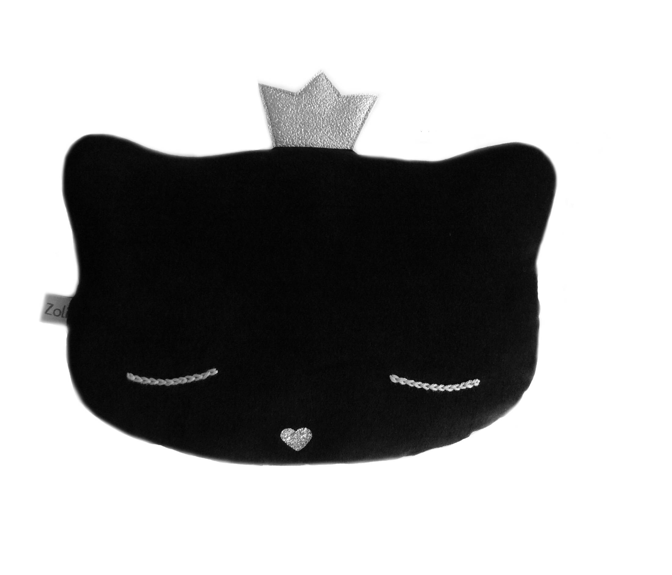 Coussin Chat en Velours Noir et Couronne, Yeux Brodés Coton Gris Museau Coeur Argent