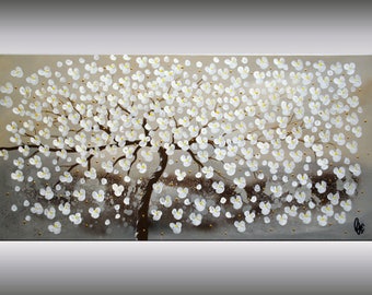 Acrylic painting, abstract art, white cherry blossoms