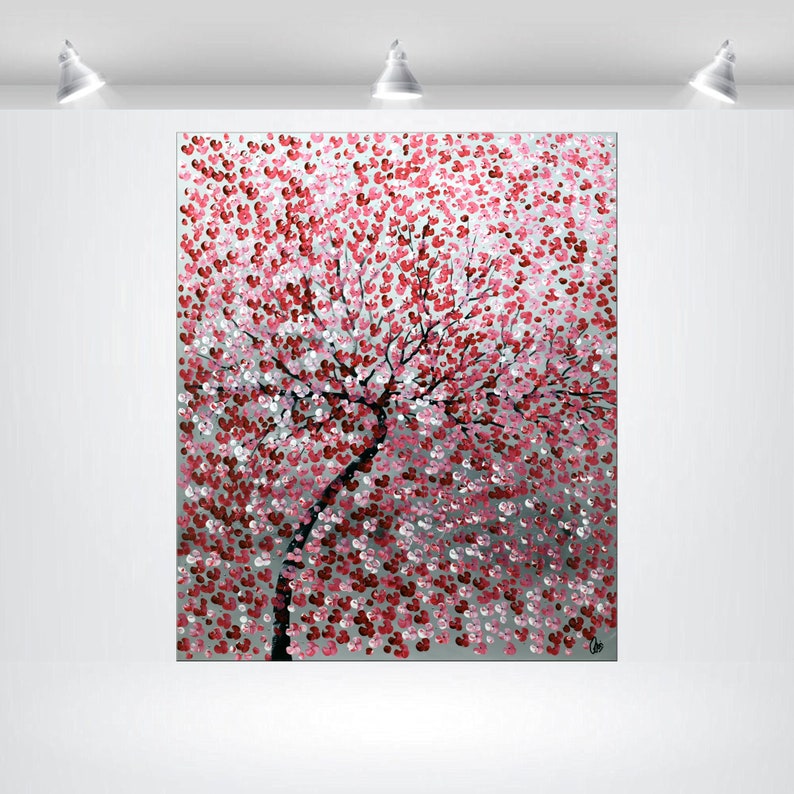 abstract painting red cherry blossoms on deep-edged canvas, ready to hang, red pink blossoms on gray background, silver accents, original art ready to hang, oversized art, 40 x 48 x 2 inches, artwork in studio