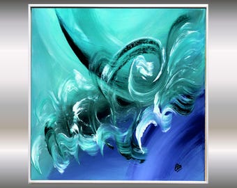 Peinture acrylique abstraite turquoise : art moderne des vagues de l'océan, 43 x 43 cm