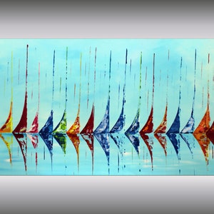Abstract Sailboats Painting: Colorful Acrylic Art on Canvas (120x60 cm)