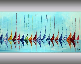Puede incluir: Pintura abstracta de veleros coloridos sobre un fondo azul con reflejos en el agua.