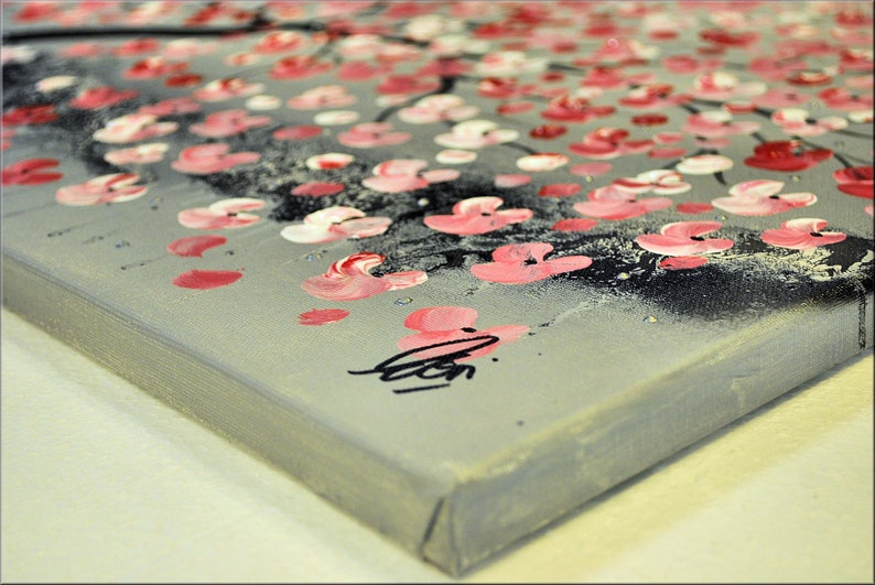 Acrylic Painting, Red Cherry Blossoms, pink home decor image 6