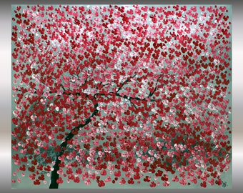 acrylic painting, red cherry blossoms on stretched canvas