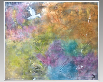 Schilderij vredesduif: grote abstracte acryl ingelijste muurkunst