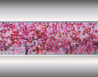 Abstract Acrylic Painting, Red Cherry Blossoms, Framed Painting