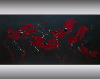 abstract blossoms on stretched canvas, hand-painted original art, art red black silver