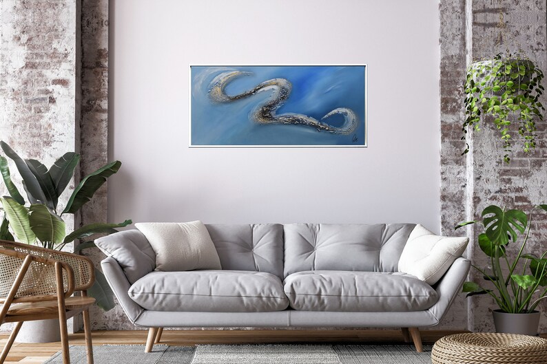 rich textured blue golden art on canvas, framed and ready to hang, abstract painting, hand-painted art, modern canvas wall art, fine art painting, large original artwork, painting on canvas, maritime nautical art, ideal gift idea, artwork in home