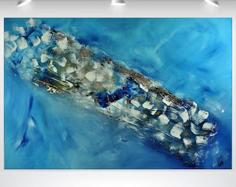 acrylic painting on canvas, blue white abstract art