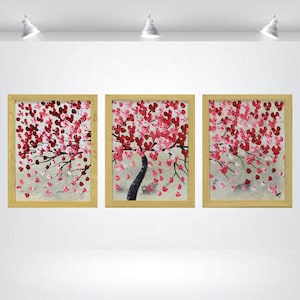 Cherry Blossom Triptych: Framed Floral Acrylic Painting on Canvas