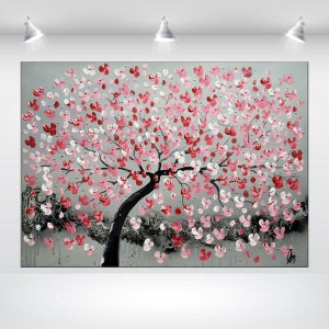 Acrylic Painting, Red Cherry Blossoms, pink home decor 画像 10