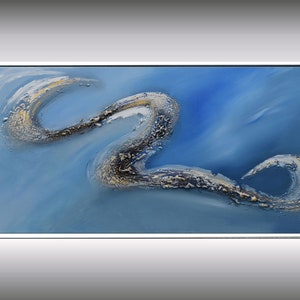 Origineel getextureerd abstract oceaandoek, ingelijste blauwe kustmuurkunst