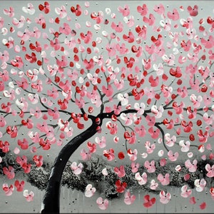 Acrylic Painting, Red Cherry Blossoms, pink home decor image 4