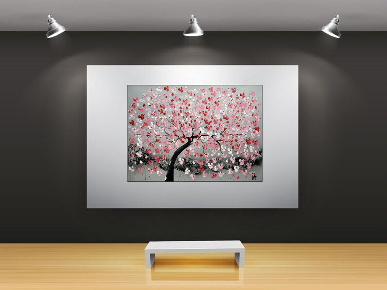 Acrylic Painting, Red Cherry Blossoms, pink home decor 画像 2