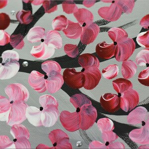 abstract painting red cherry blossoms on deep-edged canvas, ready to hang, red pink blossoms on gray background, silver accents, original art ready to hang, oversized art, 40 x 48 x 2 inches, close-up artwork