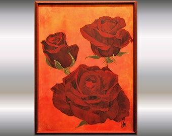 Acrylic abstract painting, handpainted roses, framed artwork