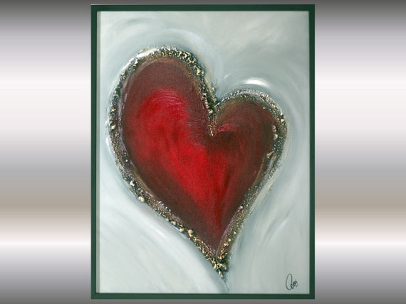 Romantic Abstract Heart Painting | Gray Background with Rich Texture | Edelgard Schroer | 63x83 cm