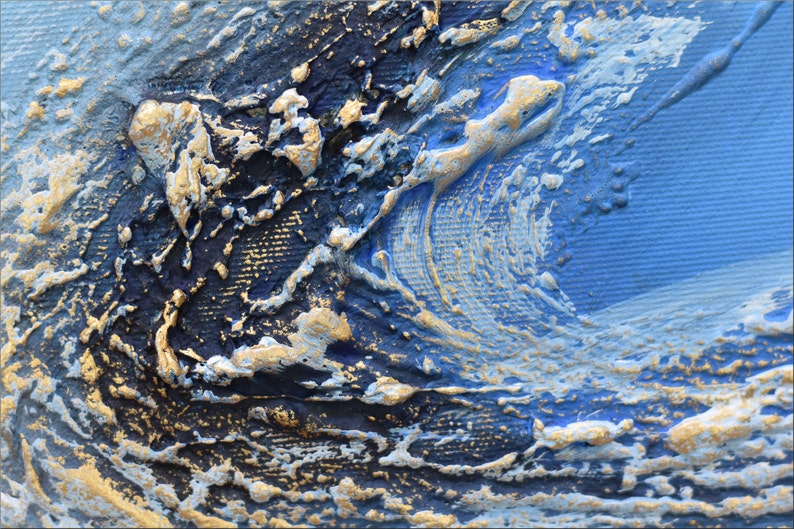 rich textured blue golden art on canvas, framed and ready to hang, abstract painting, hand-painted art, modern canvas wall art, fine art painting, large original artwork, painting on canvas, maritime nautical art, ideal gift idea, close-up artwork