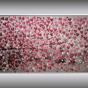 Abstract Acrylic Painting, Red Cherry Blossoms, Framed Painting