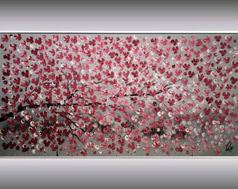 Abstract Acrylic Painting, Red Cherry Blossoms, Framed Painting