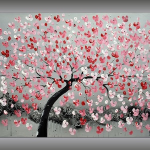 Acrylic Painting, Red Cherry Blossoms, pink home decor 画像 1